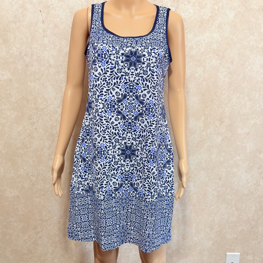 Land End Blue and White summer beach swim Sleeveless Dress XS (run Big}